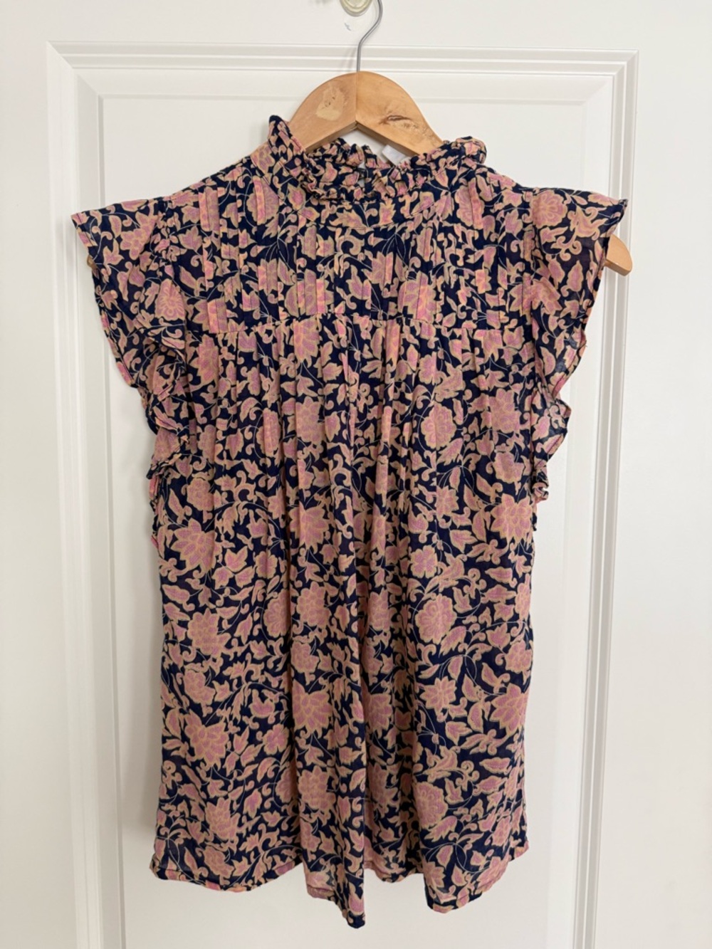 Banjanan Navy and Pink Floral Ruffle Neck Sleeveless Top
